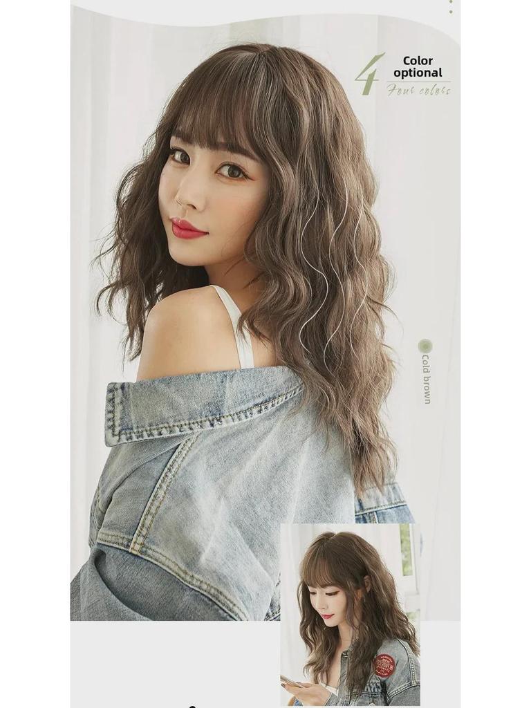 Peruci ondulate lungi și pufoase naturale japoneze și coreene cu breton pentru femei - Cap complet