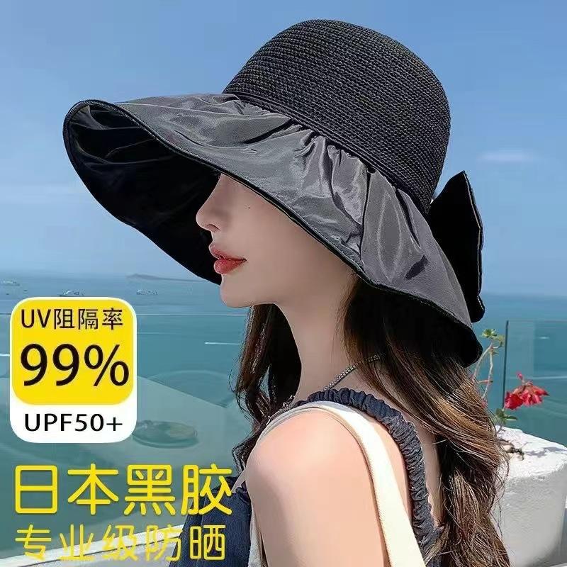 New summer versatile outdoor visor big brim bucket hat portable sunscreen sun hat bow women's hat
