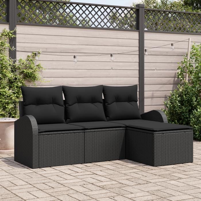 Ensemble de Canapés de Jardin de 4 Pièces avec Oreillers Noir Poly Rattan, Canapé de Jardin de 2 Places avec Rangement 3354662