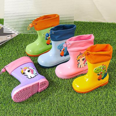 Children's Cartoon Drawstring Rain Boots - Non-slip, Wear-resistant, Soft Sole, Plus Velvet Warmth for Boys & Girls.