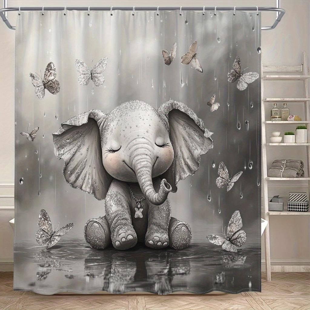 1 Cute Elephant Shower Curtain - Polyester fabric with hooks, whimsical rainy day design with butterflies, machine washable