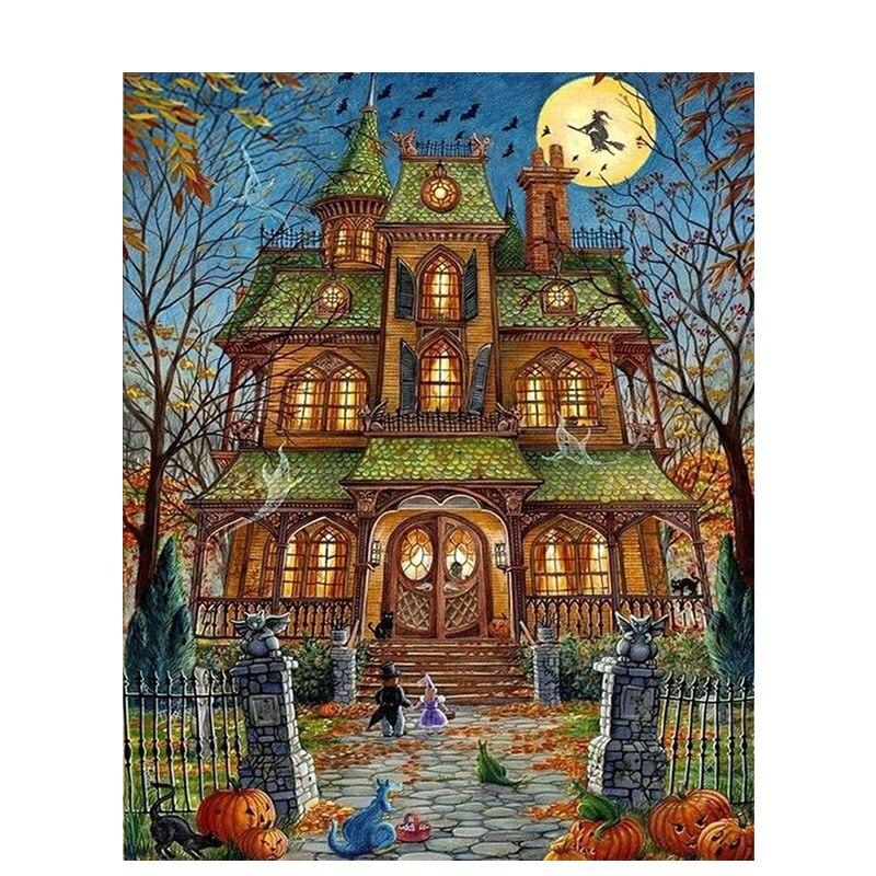 5D Diy Diamond Painting Full Round Diamond Painting Halloween House Scenery Mosaic Cross Stitch Home Decoratio