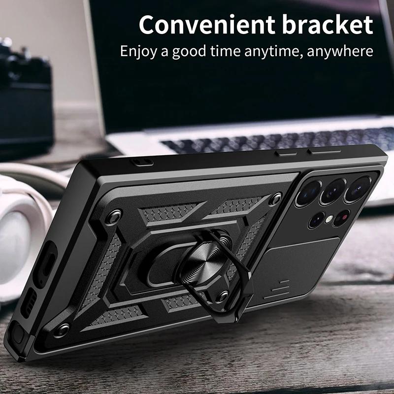 Nárazuvzdorné pancierové puzdro pre Samsung Galaxy S23 S20 S21 S22 S24 Ultra Plus FE S držiakom na magnetický krúžok do auta Kryt s posuvným chráničom objektívu