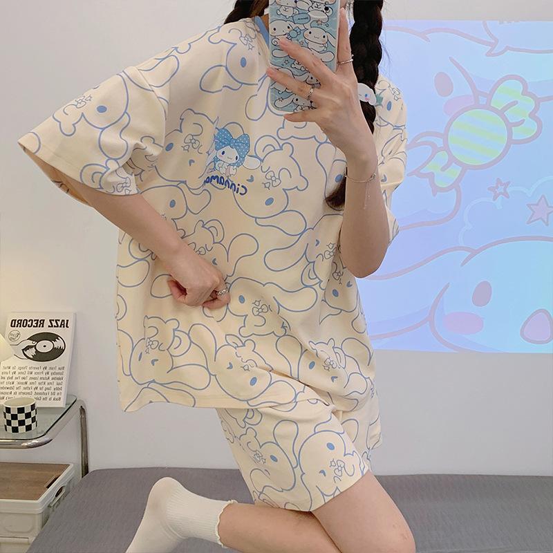 Bow Jade Cinnamon Dog Cartoon Pajamas Summer Women's Pullover Short-sleeved Shorts Set Girl Loungewear Can Be Worn Outside