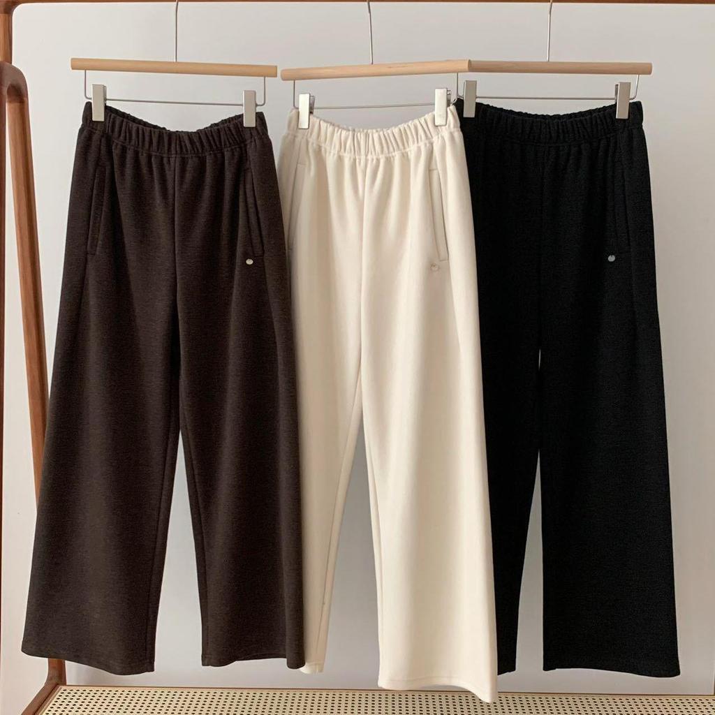2024 Korean Wool-Blend Wide-Leg High-Waist Pants for Women - Autumn Edition with Velvet Lining