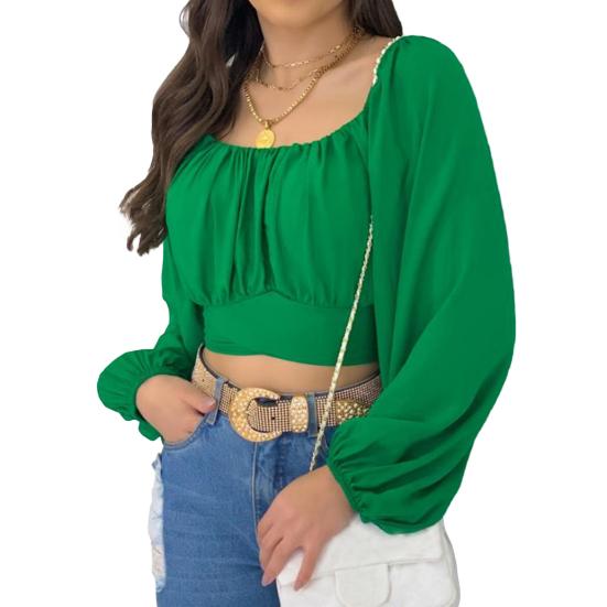 Gola elástica cor sólida solta blusa feminina fora do ombro manga lanterna pulôver topo club wear