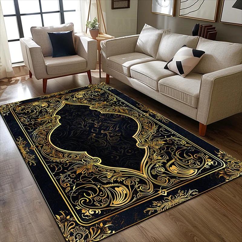 Black Gold Floral Turkish Print Carpet Living Room Sofa Area Rug Home Decor Bedside Area Rug Balcony Kitchen Table Floor Mat