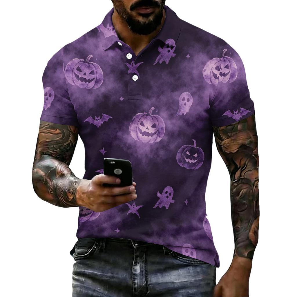 Men's Halloween Printed Short Sleeve Polo Shirt Loose Fit Casual Summer Daily Wear Button Down Collar Top