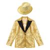 Boys Stage Performance Jacket Set: Sequin Tuxedo Long Sleeve Coat with Fedora Hat, Lapel Design for Banquet Party Dance