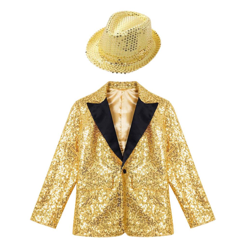 Boys Stage Performance Jacket Set: Sequin Tuxedo Long Sleeve Coat with Fedora Hat, Lapel Design for Banquet Party Dance