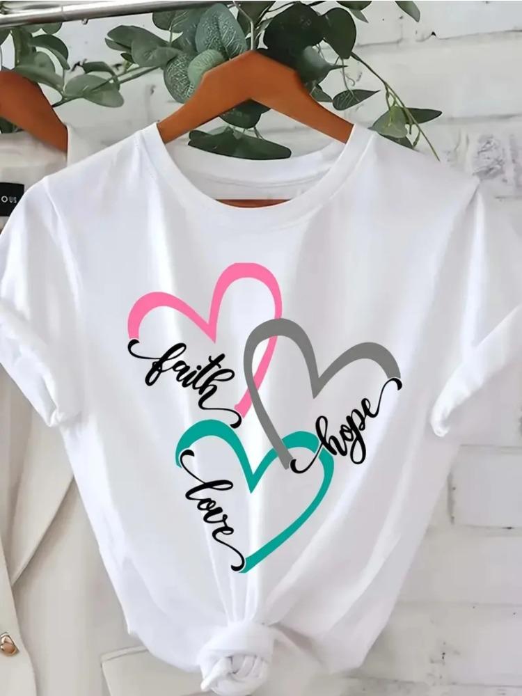 Womens Round Neck Short Sleeve TShirt Belief Hope Love Three Hearts Printed Cotton Casual Spring and Summer Comfortable Top