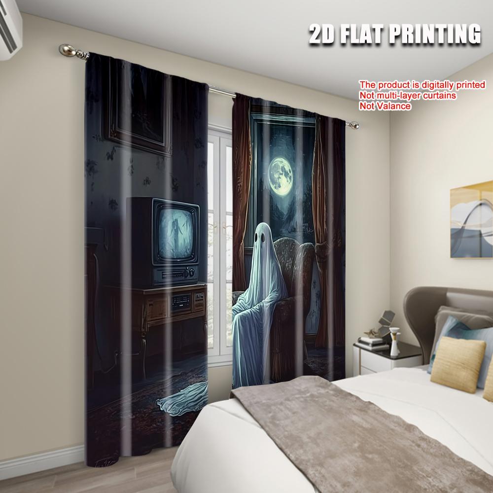 2pc  2D plane printing Print Curtains Ancient CRT TV_ Moonlight Night_ and the Horror Room of Ghost Characters Versatile