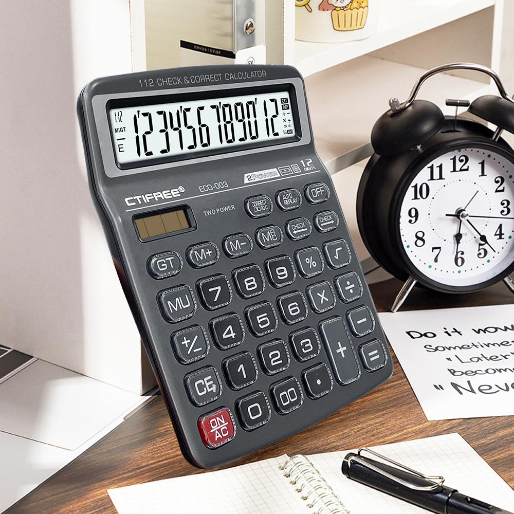 Kalkulator biurkowy 12-cyfrowy duży wyświetlacz LCD i zasilanie solarne Kalkulator z dużymi przyciskami 112 kroków Sprawdź