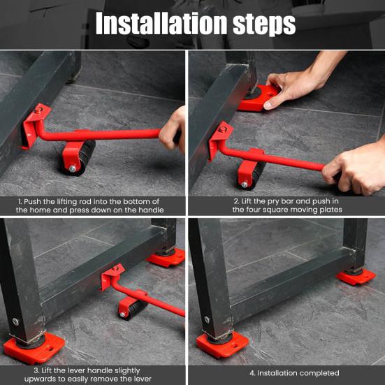 5 Pièces/Ensemble Outil de Déménagement de Meubles avec Pied-de-Biche Déménageur de Meubles Robuste avec 4 Roues Rouleau pour Appareils Ménagers Meuble Déménageur Chariot Coulissant