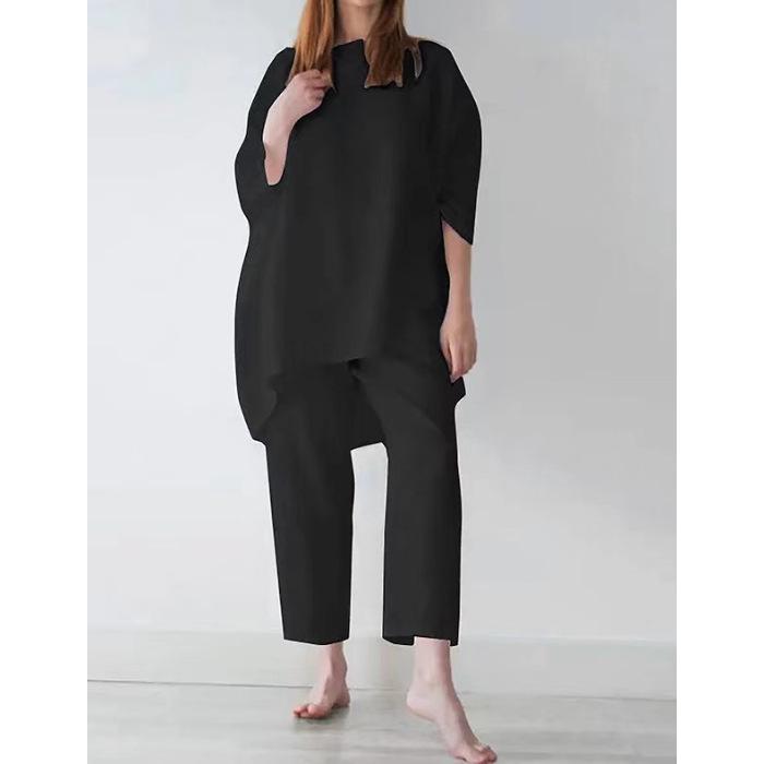 Evropský a americký dámský volný ležérní sportovní set nadměrné velikosti s nepravidelným dlouhým rukávem a jednobarevným designem