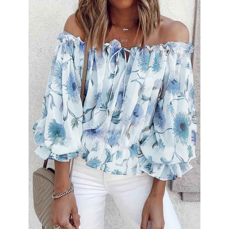 Sommer Bootausschnitt Bedrucktes Chiffon-Hemd Halbtransparent Dünnes Laternenärmel Top für Damen