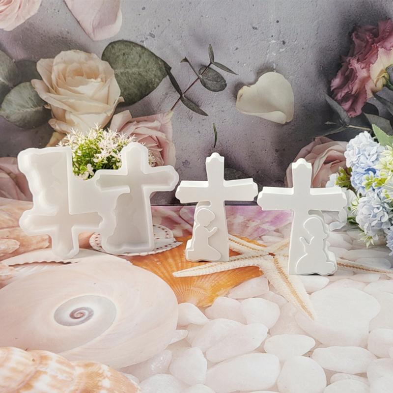 Cross Little Boy And Girl Prayer Candle Plug Silicone Mold Diy Gypsum Candlestick Base Decorative Ornament Resin Mold Handicraft