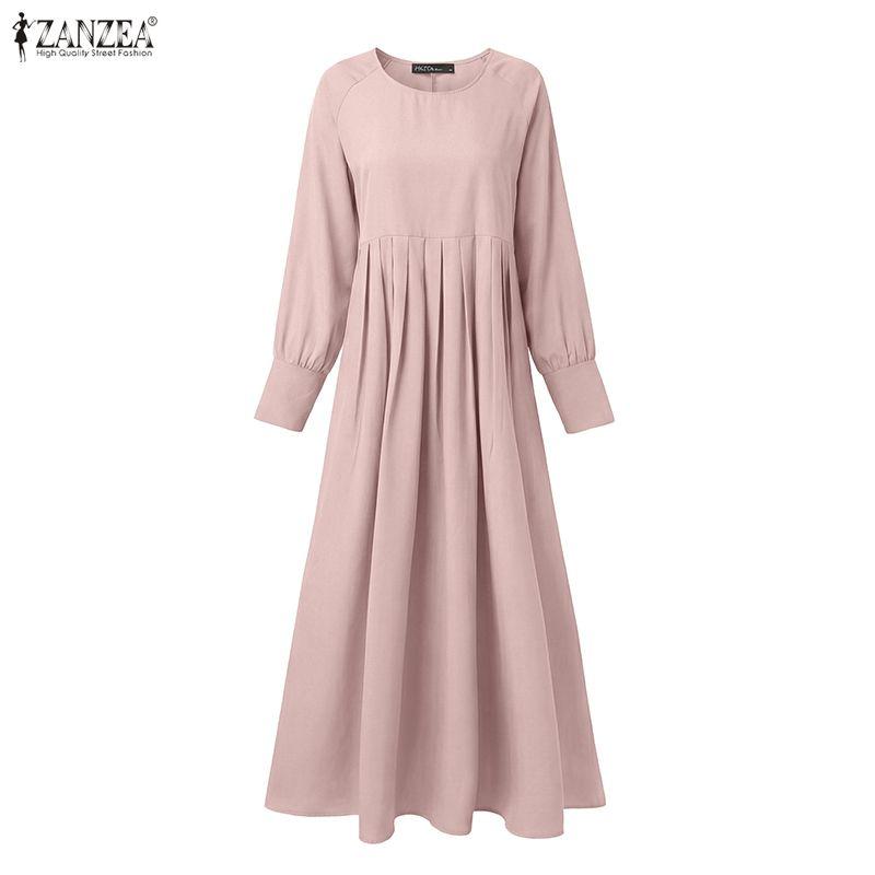 ZANZEA Women Muslim Casual Round Neck Solid Color Long Sleeve Loose Dress
