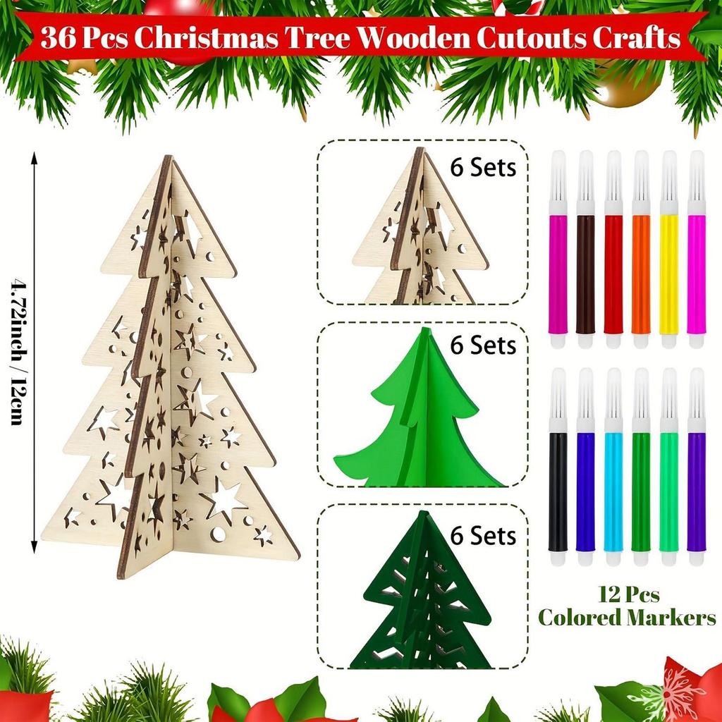 Christmas Tree Craft 3D Unfinished Ornaments DIY Wood Tree Cutout With Colored Markers Set For Kids Adults Winter Holiday