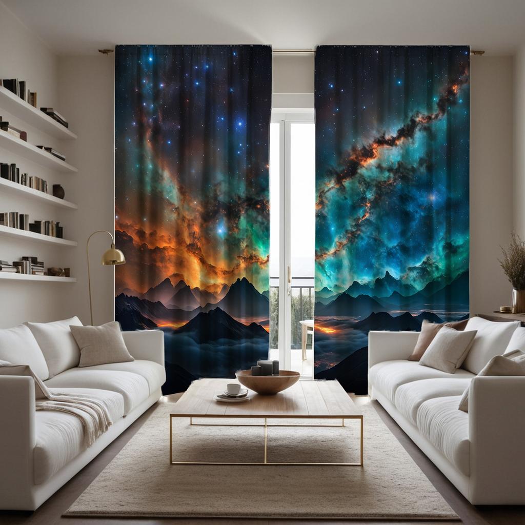 2 Pieces of HD Scenery Under the Stars Decorative Curtain Black Tie Digital Printed Curtain Home Decoration Style Decoration Liv