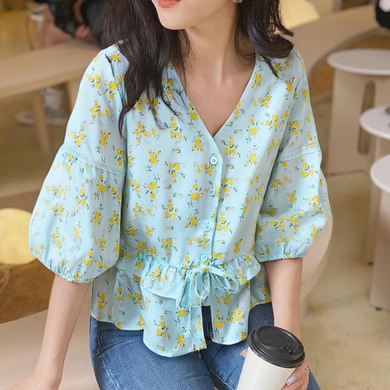 

ZANZEA Женские летние блузки с V-образным вырезом и короткими рукавами с цветочным принтом S