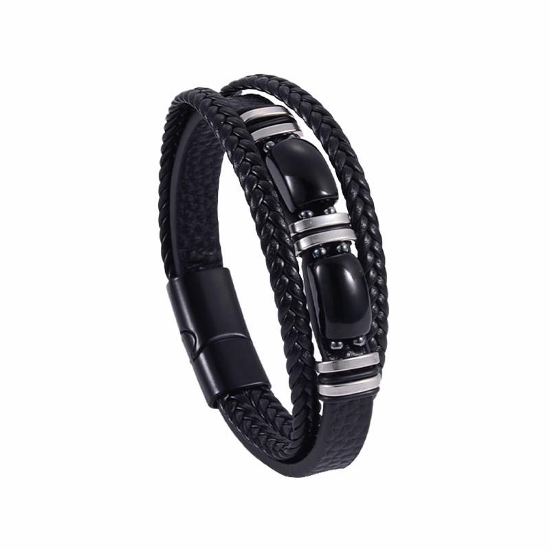 Men's Tiger Eye Woven Leather Bracelet - European & American Retro Style with Stainless Steel Handmade Jewelry.