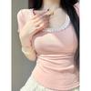 Pure Lace Short-sleeved T-shirt for Women's Summer New Sweet and Spicy Ballet Square Collar Short Tight Shoulder French Top