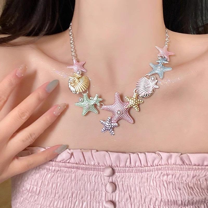 

1PC Hawaiian style exaggerated color starfish shell pearl bracelet alloy vacation trend collarbone chain pendant accessories разноцветный