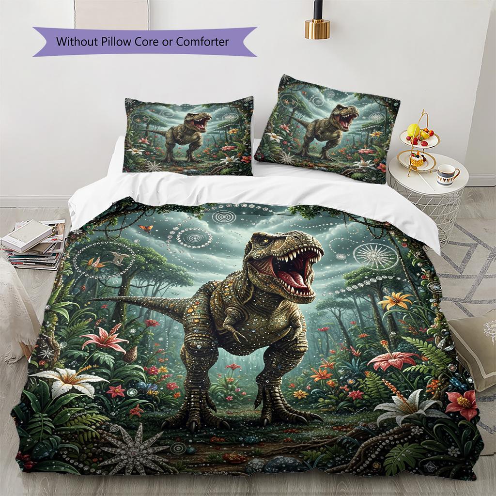 Roaring Jungle Dinosaur  Pattern Bedding Quilt Set Quilt Cover Pillowcase Home Decoration  Gift (1 * Duvet Cover + 2 * Pillowcase, Without Core)