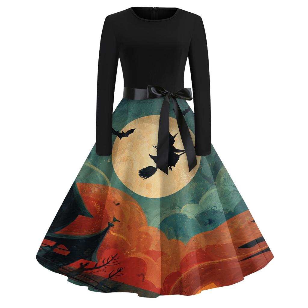 Women's Casual Long Sleeve Round Neck Vintage Halloween Print Midi Dress with Waist Tie Belt Retro Style