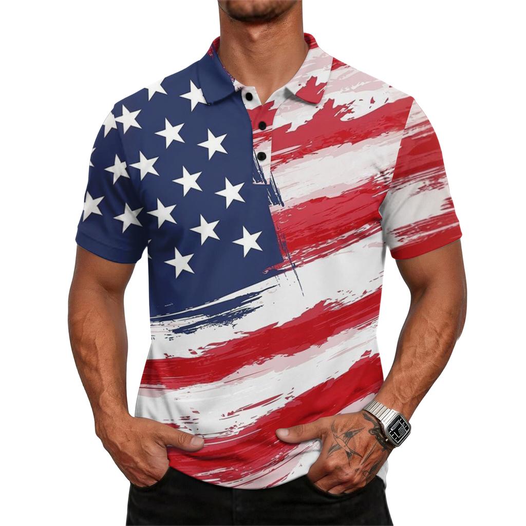 Men's Casual Loose Fit Short Sleeve Polo Shirt with Mixed Pattern Design Flag Stripes and Dots Print Lightweight Comfortable Top