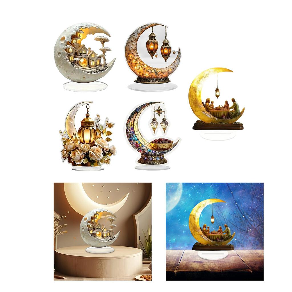 Eid Mubarak Moon Art Table Sign Acrylic Ramadan Decoration Modern Desktop Ornament for Bedroom Living Room Festival