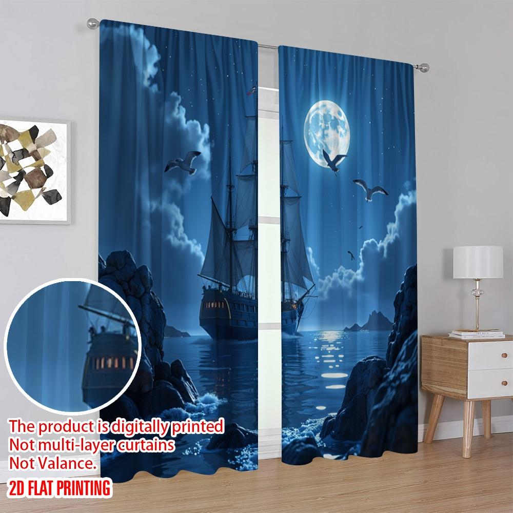 Flat Printing Window Curtains Moonlit Ship Polyester Without Electricity Family Party Decoration Suitable Home Curtain Set Of 2 Made Washable