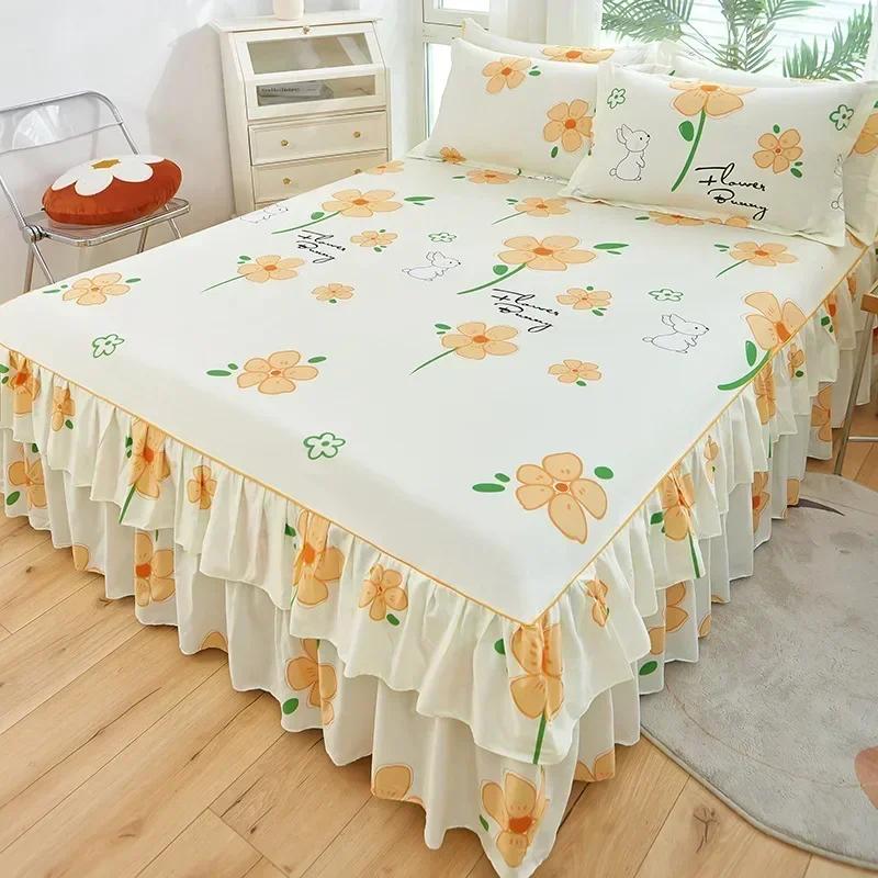 1PC Bed Skirt Cartoon Style Bed Cover Ruffled Bedsheet Falda De Cama Quilted Mattress Covers Lace Bedspread (No Pillowcase)