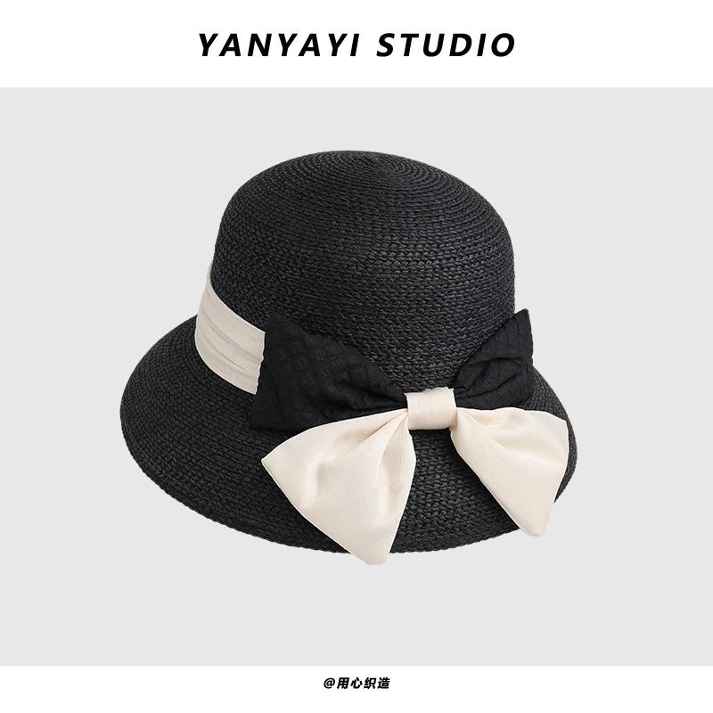 

Летняя соломенная шляпа женская весна и лето элегантный бант пляжный отдых затенение защита от солнца путешествия универсальная клетка Adult (56-58cm) чёрный