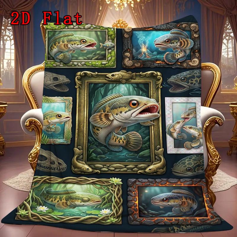 Prehistoric Fish Collage 2D Flat Pattern Flannel Blanket, High Quality All Seasons, Home Decor, Warmth and Comfort, Perfect for Christmas Gifts.