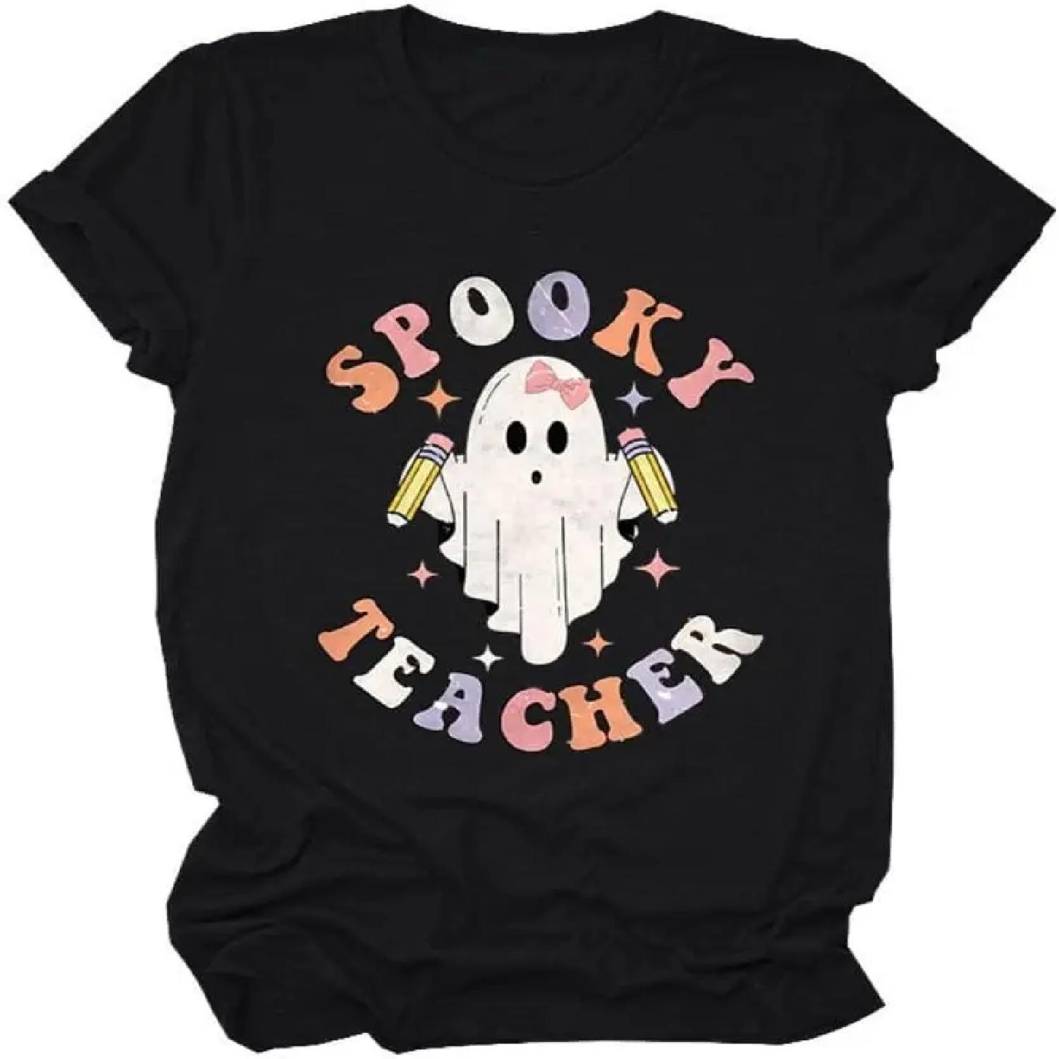Women Short Sleeve Shirt Crewneck Funny T-Shirt Spooky Teacher Graphic Print Halloween Tees Tops S чёрный