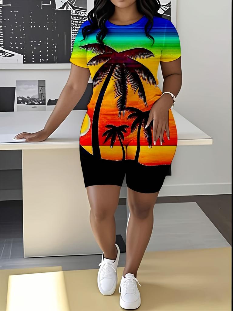 Butterfly European and American Women's Clothing Coconut Tree Printing T-Shirt Shorts Set Sports Suit