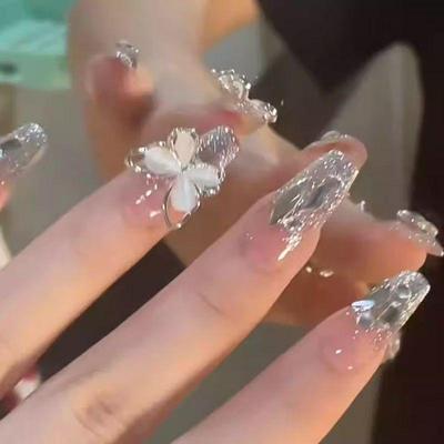 Uñas de Mariposa Hechas a Mano con Pedrería de 10 Piezas, Súper Brillantes, Manicura Extraíble con Efecto Blanqueador, Estilo Popular de Celebridad de Internet