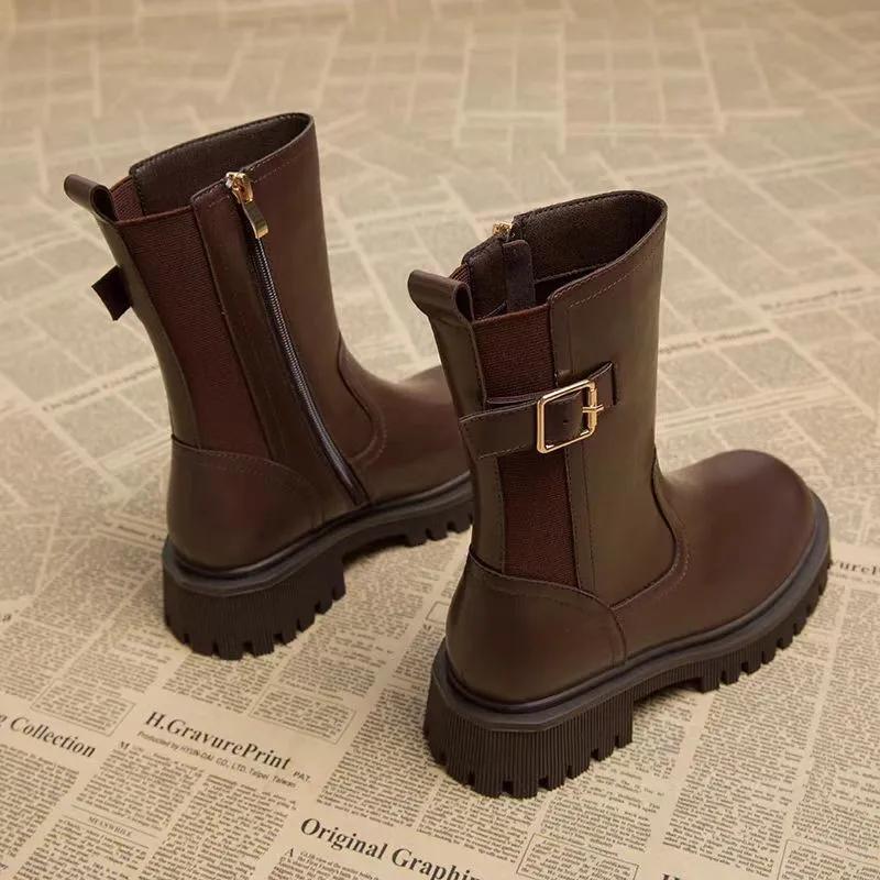 Quality Motorcycle Boots for Women Genuine Leather Black Brown Flat Platform Shoes Women Round Toe Short Boots Woman
