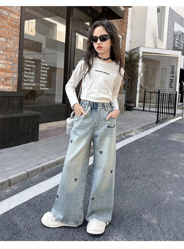 Girls' Spring 2025 Embroidered Butterfly Wide Leg Jeans - Korean Style Straight Leg Denim for Older Children