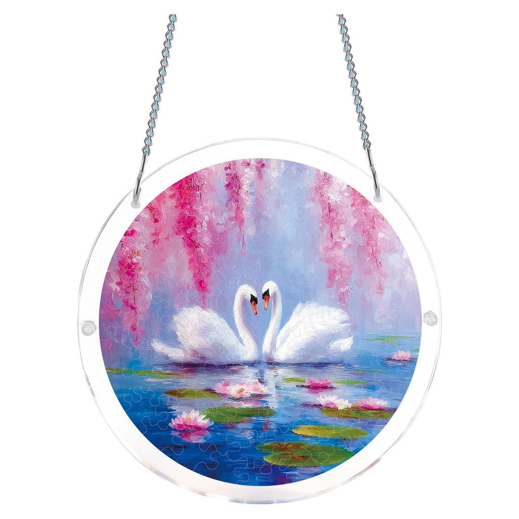 Acrylic Jigsaw Puzzle Suncatcher Window Hanging Ornament with Swan and Water Lily Print for Home and Office Decoration