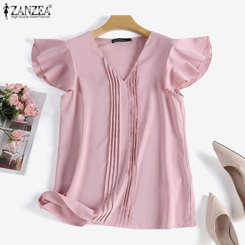 

ZANZEA Женская повседневная летняя блузка с v-образным вырезом и оборками и короткими рукавами