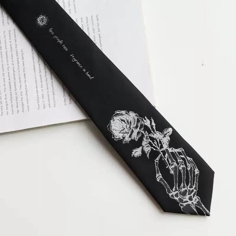 Good Quality Spine Embroidery Techwear Punk Black Tie Men Women Vintage Hip Hop Necktie Man Gifts Box Set