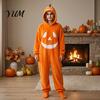 Funny Cosplay Romper Halloween Pumpkin Onesie Pajamas, Adult Jumpsuit with Happy Plush Fleece Homewear Face, Soft Hooded Costume for Party Night,