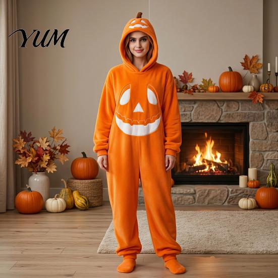 Funny Cosplay Romper Halloween Pumpkin Onesie Pajamas, Adult Jumpsuit with Happy Plush Fleece Homewear Face, Soft Hooded Costume for Party Night,