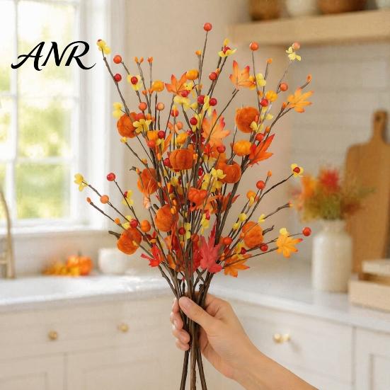 Thanksgiving Table Decorations 19.7Inch Artificial Berries Maple Leaf Pumpkin Floral Stems, Fall Branches Retro Orange Yellow Silk Flowers for Autumn