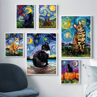 Abstract Van Gogh Starry Night Cat Poster Print Canvas Painting Cute Animal Wall Art For Living Room Home Decoration Cuadros