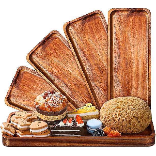 Roowest 5 Pack Solid Acacia Wood Serving Trays Rectangular Wooden Board for Food Appetizer Serving Tray Plates for Vegetables Fruit Charcuterie 14 x 5.5 Inch