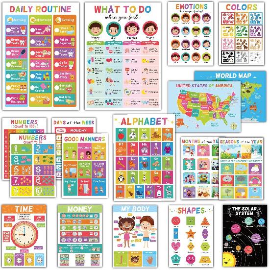 16Pcs Educational Posters for Toddlers 1-3, Learning Posters for Toddlers 1-3, ABC Poster for Kids Ages 3-5, Preschool Posters 1 2 3 Year Old,